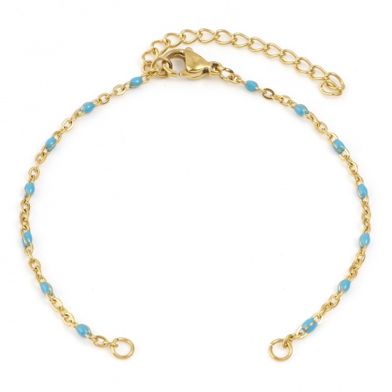 Picture of 304 Stainless Steel Link Cable Chain Semi-finished Bracelets For DIY Handmade Jewelry Making Gold Plated Skyblue Enamel 16cm(6 2/8") long, 1 Piece