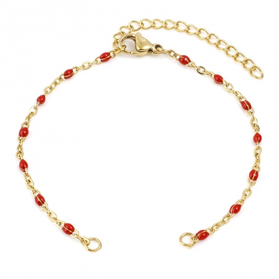 Image de Bracelets Semi-finis pour la Fabrication de Bijoux Faits à la Main en 304 Acier Inoxydable Chaîne Maille Forçat Doré Rouge Émail 16cm Long, 1 Pièce