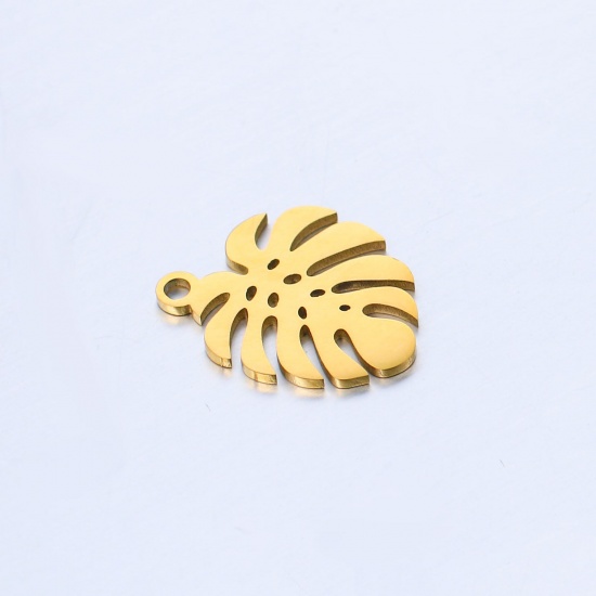 Immagine di 304 Acciaio Inossidabile Charms Foglia Oro Placcato Foglia di Monstera Filigrana 15.5mm x 12.5mm, 5 Pz