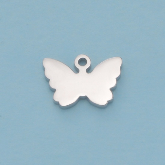 Picture of Stainless Steel Insect Blank Stamping Tags Charms Butterfly Animal Silver Tone Double-sided Polishing 12mm x 8.5mm, 5 PCs