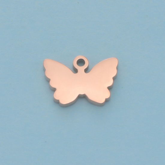 Picture of Stainless Steel Insect Blank Stamping Tags Charms Butterfly Animal Rose Gold Double-sided Polishing 12mm x 8.5mm, 5 PCs