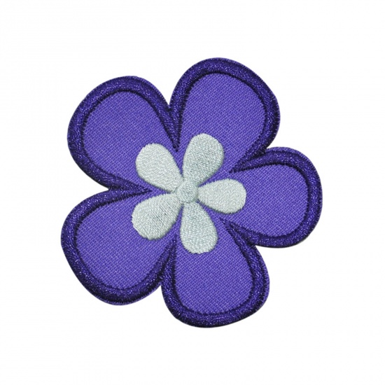 Picture of Polyester Iron On Patches Appliques (With Glue Back) DIY Sewing Craft Clothing Decoration Blue Violet Flower Embroidered 6cm x 6cm, 5 PCs
