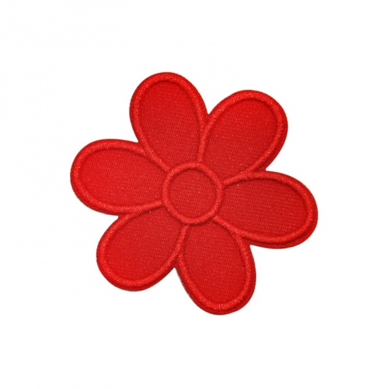 Picture of Polyester Iron On Patches Appliques (With Glue Back) DIY Sewing Craft Clothing Decoration Red Flower Embroidered 6cm x 6cm, 5 PCs
