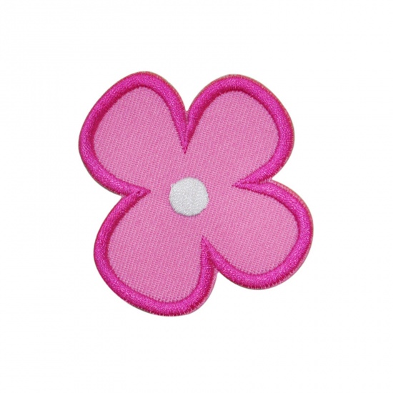 Picture of Polyester Iron On Patches Appliques (With Glue Back) DIY Sewing Craft Clothing Decoration Pink Flower Embroidered 6cm x 6cm, 5 PCs