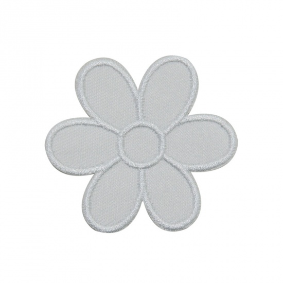 Picture of Polyester Iron On Patches Appliques (With Glue Back) DIY Sewing Craft Clothing Decoration White Flower Embroidered 5.9cm x 5.4cm, 5 PCs