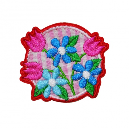 Picture of Polyester Iron On Patches Appliques (With Glue Back) DIY Sewing Craft Clothing Decoration Multicolor Flower Embroidered 5cm x 4.5cm, 5 PCs