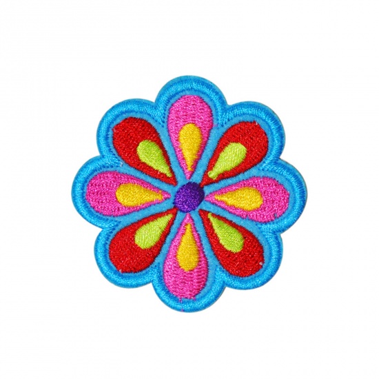 Picture of Polyester Iron On Patches Appliques (With Glue Back) DIY Sewing Craft Clothing Decoration Multicolor Flower Embroidered 5.4cm x 5.4cm, 5 PCs
