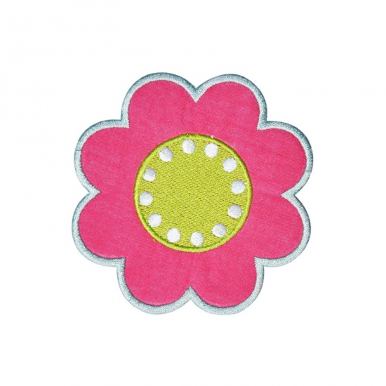 Picture of Polyester Iron On Patches Appliques (With Glue Back) DIY Sewing Craft Clothing Decoration Hot Pink Flower Embroidered 8.5cm x 8.5cm, 5 PCs