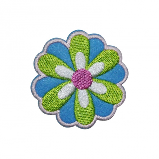 Picture of Polyester Iron On Patches Appliques (With Glue Back) DIY Sewing Craft Clothing Decoration Multicolor Flower Embroidered 4.5cm x 4.5cm, 5 PCs