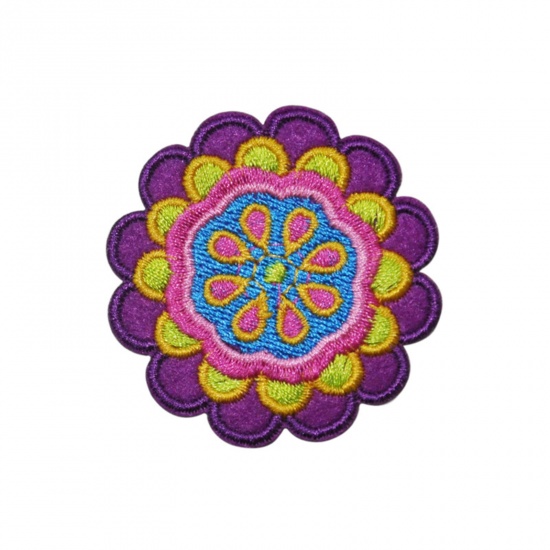 Picture of Polyester Iron On Patches Appliques (With Glue Back) DIY Sewing Craft Clothing Decoration Purple Flower Embroidered 5cm x 5cm, 5 PCs