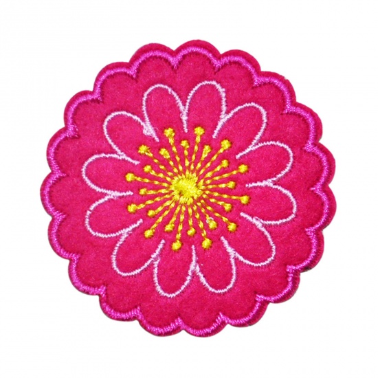 Picture of Polyester Iron On Patches Appliques (With Glue Back) DIY Sewing Craft Clothing Decoration Fuchsia Flower Embroidered 5cm x 5cm, 5 PCs
