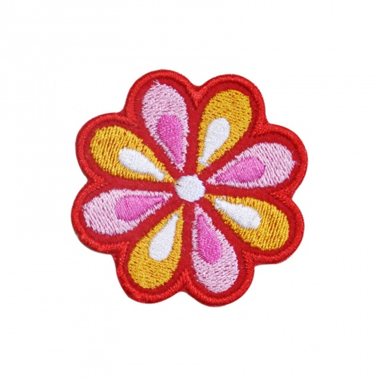 Picture of Polyester Iron On Patches Appliques (With Glue Back) DIY Sewing Craft Clothing Decoration Multicolor Flower Embroidered 5.2cm x 5.2cm, 5 PCs