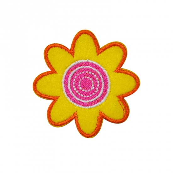 Picture of Polyester Iron On Patches Appliques (With Glue Back) DIY Sewing Craft Clothing Decoration Yellow Flower Embroidered 4.8cm x 4.8cm, 5 PCs