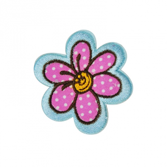 Picture of Polyester Iron On Patches Appliques (With Glue Back) DIY Sewing Craft Clothing Decoration Multicolor Flower Embroidered 5cm x 4.6cm, 5 PCs