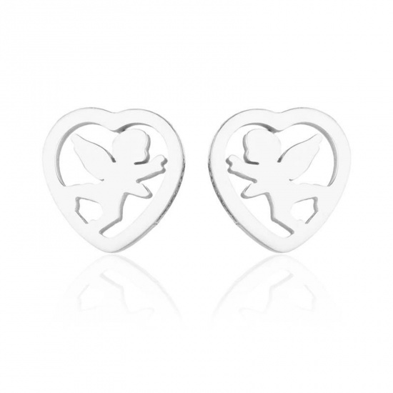 Image de Boucles d'Oreilles Puces en Acier Inoxydable Élégant Argent Mat Cœur Anges Creux 10mm x 9mm , Epaisseur de Fil: (18 gauge), 4 Paires