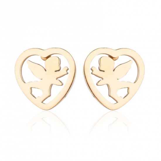 Image de Boucles d'Oreilles Puces en Acier Inoxydable Élégant Doré Cœur Anges Creux 10mm x 9mm , Epaisseur de Fil: (18 gauge), 4 Paires