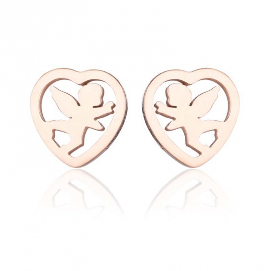 Image de Boucles d'Oreilles Puces en Acier Inoxydable Élégant Or Rose Cœur Anges Creux 10mm x 9mm , Epaisseur de Fil: (18 gauge), 4 Paires