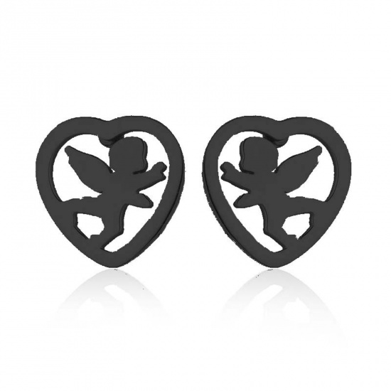 Image de Boucles d'Oreilles Puces en Acier Inoxydable Élégant Noir Cœur Anges Creux 10mm x 9mm , Epaisseur de Fil: (18 gauge), 4 Paires