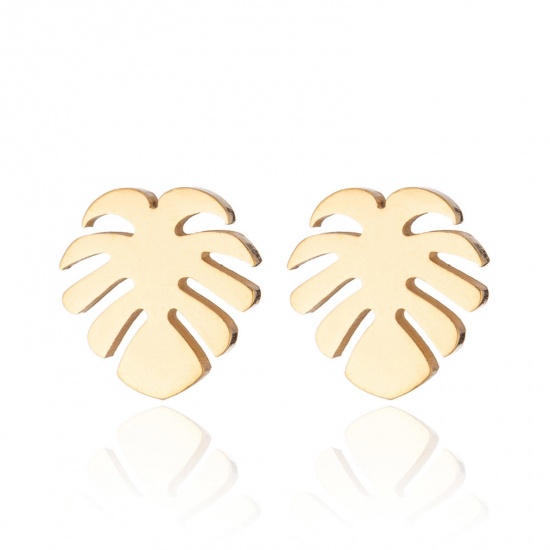 Picture of Stainless Steel Stylish Ear Post Stud Earrings Gold Plated Monstera Leaf 10mm x 9mm, Post/ Wire Size: (18 gauge), 4 Pairs