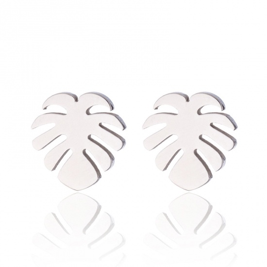 Picture of Stainless Steel Stylish Ear Post Stud Earrings Silver Tone Monstera Leaf 10mm x 9mm, Post/ Wire Size: (18 gauge), 4 Pairs