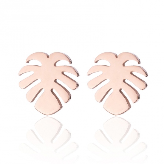 Picture of Stainless Steel Stylish Ear Post Stud Earrings Rose Gold Monstera Leaf 10mm x 9mm, Post/ Wire Size: (18 gauge), 4 Pairs