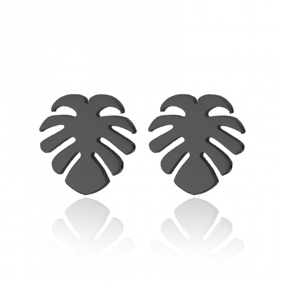 Picture of Stainless Steel Stylish Ear Post Stud Earrings Black Monstera Leaf 10mm x 9mm, Post/ Wire Size: (18 gauge), 4 Pairs