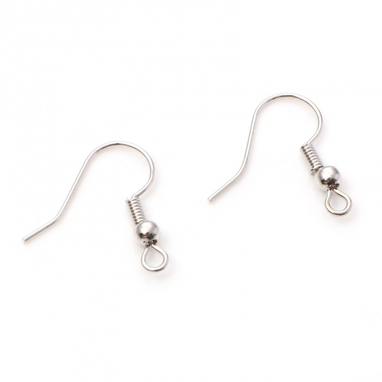 Picture of Brass Ear Wire Hooks Earring Platinum Plated W/ Loop 19mm x 18mm, Post/ Wire Size: (22 gauge), 20 PCs                                                                                                                                                         