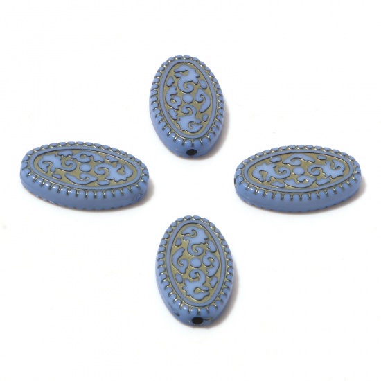 Picture of Acrylic Retro Beads Oval Steel Gray Carved Pattern Pattern About 21mm x 13mm, Hole: Approx 1.5mm, 10 PCs
