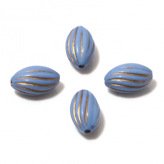 Picture of Acrylic Retro Beads Oval Steel Gray Stripe Pattern About 15mm x 9mm, Hole: Approx 1.4mm, 10 PCs
