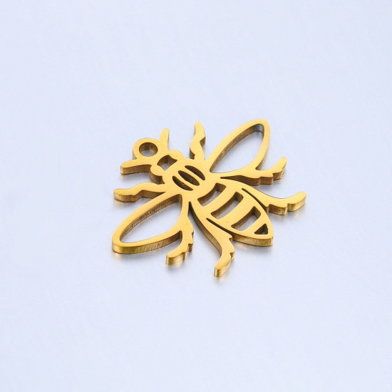 Imagen de 304 Acero Inoxidable Insecto Colgantes Charms Abejas Chapado en Oro Hueco 18.5mm x 15mm, 5 Unidades