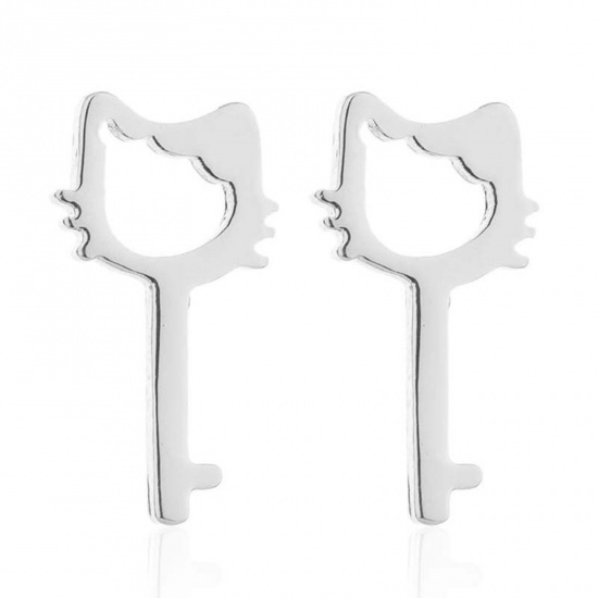 Image de Boucles d'Oreilles Puces en Acier Inoxydable Élégant Argent Mat Clé Chats Creux 12mm x 6mm , Epaisseur de Fil: (18 gauge), 2 Paires