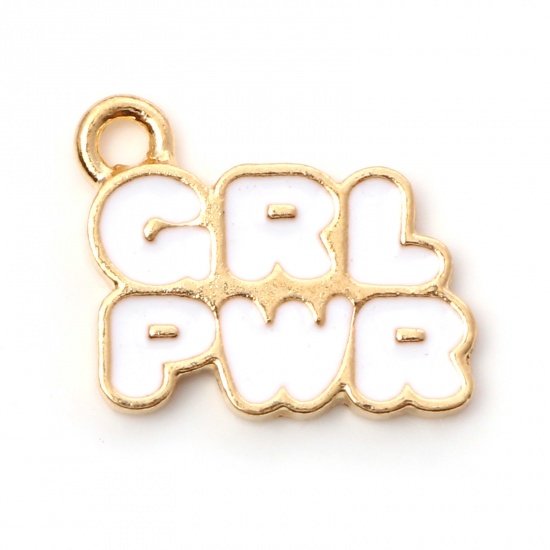 Image de Breloques en Alliage de Zinc Doré Blanc Message" GRL PWR " Émail 18mm x 15mm, 10 Pcs