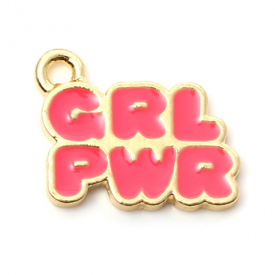 Image de Breloques en Alliage de Zinc Doré Rose Message" GRL PWR " Émail 18mm x 15mm, 10 Pcs