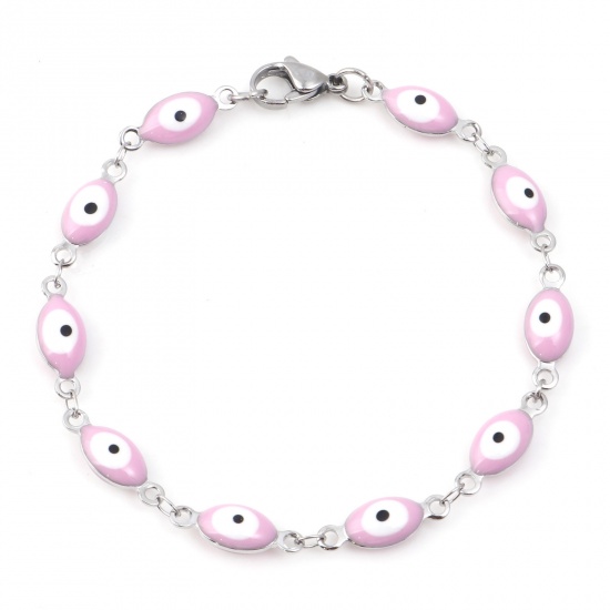 Immagine di 304 Acciaio Inossidabile Religione Braccialetti Tono Argento Rosa Malocchio Smalto 18.5cm Lunghezza, 1 Pz