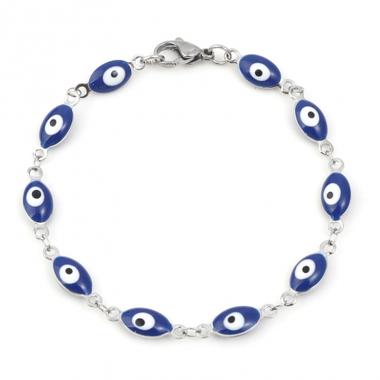 Immagine di 304 Acciaio Inossidabile Religione Braccialetti Tono Argento Blu Scuro Malocchio Smalto 18.5cm Lunghezza, 1 Pz