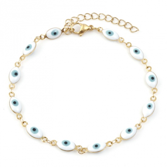 Picture of 1 Piece Vacuum Plating 304 Stainless Steel Religious Anklet Gold Plated White Enamel Evil Eye 22cm(8 5/8") long