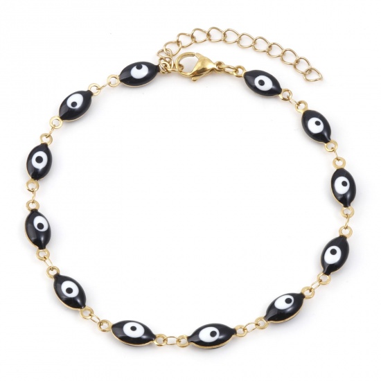 Picture of 304 Stainless Steel Religious Anklet Gold Plated Black Enamel Evil Eye 22cm(8 5/8") long, 1 Piece