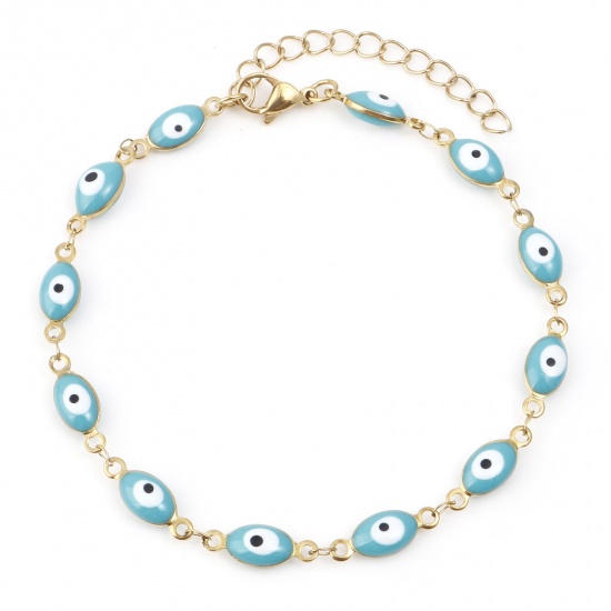 Picture of 304 Stainless Steel Religious Anklet Gold Plated Green Blue Enamel Evil Eye 22cm(8 5/8") long, 1 Piece