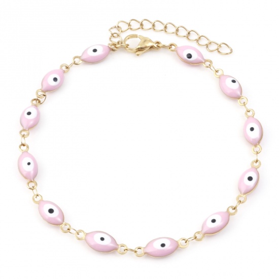 Picture of 1 Piece Vacuum Plating 304 Stainless Steel Religious Anklet Gold Plated Pink Enamel Evil Eye 22cm(8 5/8") long