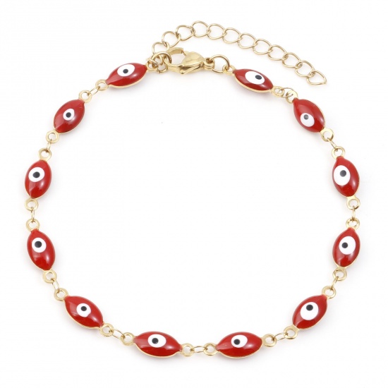 Picture of 1 Piece Vacuum Plating 304 Stainless Steel Religious Anklet Gold Plated Red Enamel Evil Eye 22cm(8 5/8") long