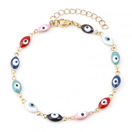 Bild von Großhandel Marquise Böser Blick Evil Eye Bunt Emaille 304 Edelstahl Fußketten, Vergoldet Vakuumbeschichtung, Frauen Religiös Minimalistisch Geschenk Schmuckbedarf, 22cm lang, 1 Strang