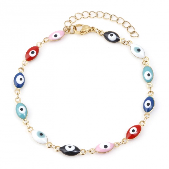 Picture of 304 Stainless Steel Religious Anklet Gold Plated Multicolor Enamel Evil Eye 22cm(8 5/8") long, 1 Piece