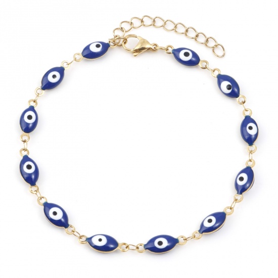Picture of 1 Piece Vacuum Plating 304 Stainless Steel Religious Anklet Gold Plated Dark Blue Enamel Evil Eye 22cm(8 5/8") long