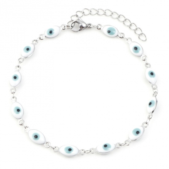 Picture of 304 Stainless Steel Religious Anklet Silver Tone White Enamel Evil Eye 22cm(8 5/8") long, 1 Piece