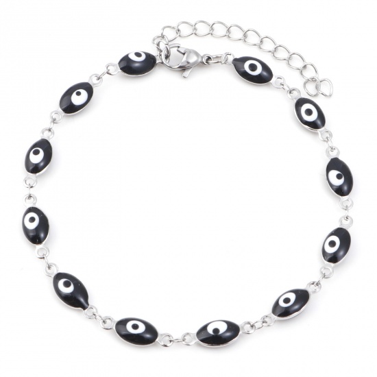 Picture of 304 Stainless Steel Religious Anklet Silver Tone Black Enamel Evil Eye 22cm(8 5/8") long, 1 Piece