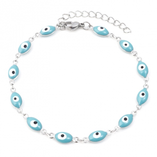 Picture of 304 Stainless Steel Religious Anklet Silver Tone Green Blue Enamel Evil Eye 22cm(8 5/8") long, 1 Piece