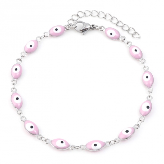 Picture of 304 Stainless Steel Religious Anklet Silver Tone Pink Enamel Evil Eye 22cm(8 5/8") long, 1 Piece