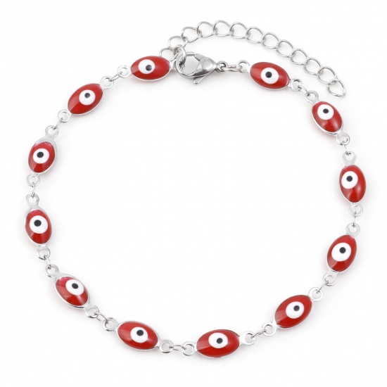 Picture of 304 Stainless Steel Religious Anklet Silver Tone Red Enamel Evil Eye 22cm(8 5/8") long, 1 Piece