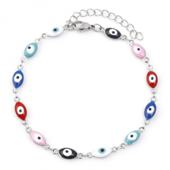 Picture of 304 Stainless Steel Religious Anklet Silver Tone Multicolor Enamel Evil Eye 22cm(8 5/8") long, 1 Piece