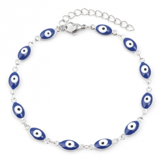 Picture of 304 Stainless Steel Religious Anklet Silver Tone Dark Blue Enamel Evil Eye 22cm(8 5/8") long, 1 Piece